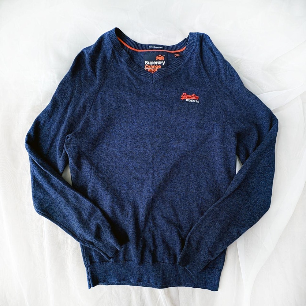 Superdry Orange Label Mens M Navy Marl V-Neck Sweater Combed Cotton